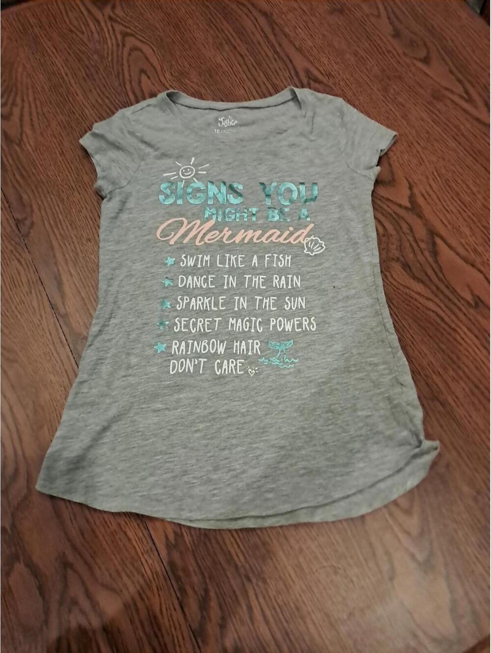 Justice Girls‎ Size 10 "Signs You Might Be A Mermaid " Grey Shirt Sleeves